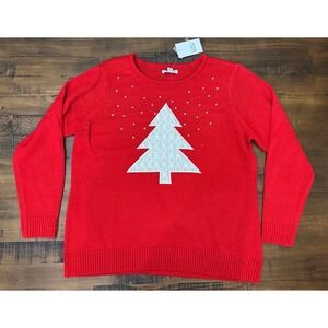 NWT Croft And Barrow Holiday Red Sweater With Cable knit White Tree‎ Pearls XL
